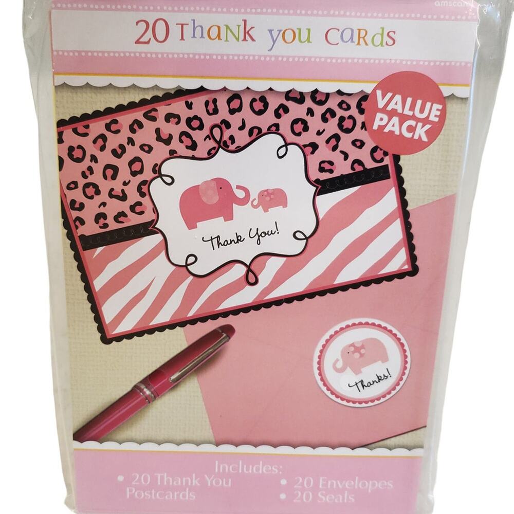 Baby Girl Pink Elephant Leopard Print Thank You Cards Baby Shower with Stickers